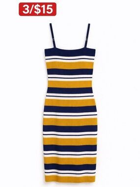 Windsor Dress L Bodycon Midi Striped Spaghetti Strap Blue Casual